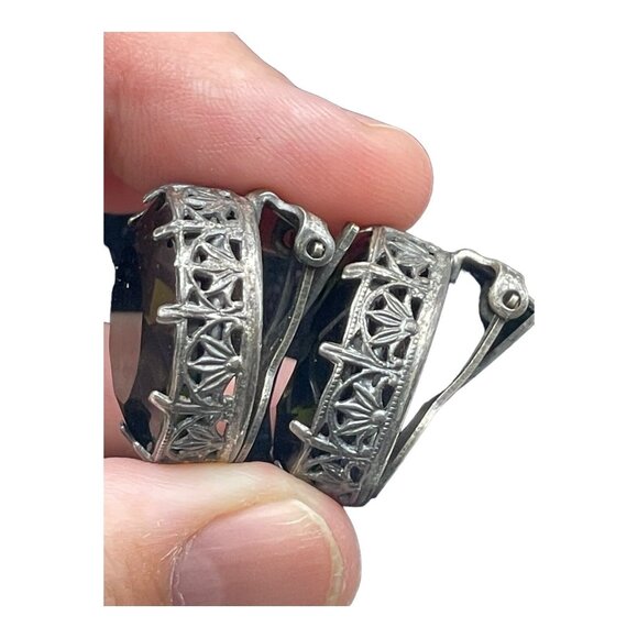 Vintage Made in Austria Dark Green Headlight Silver-tone Clip on Earrings HTF - Picture 2 of 16